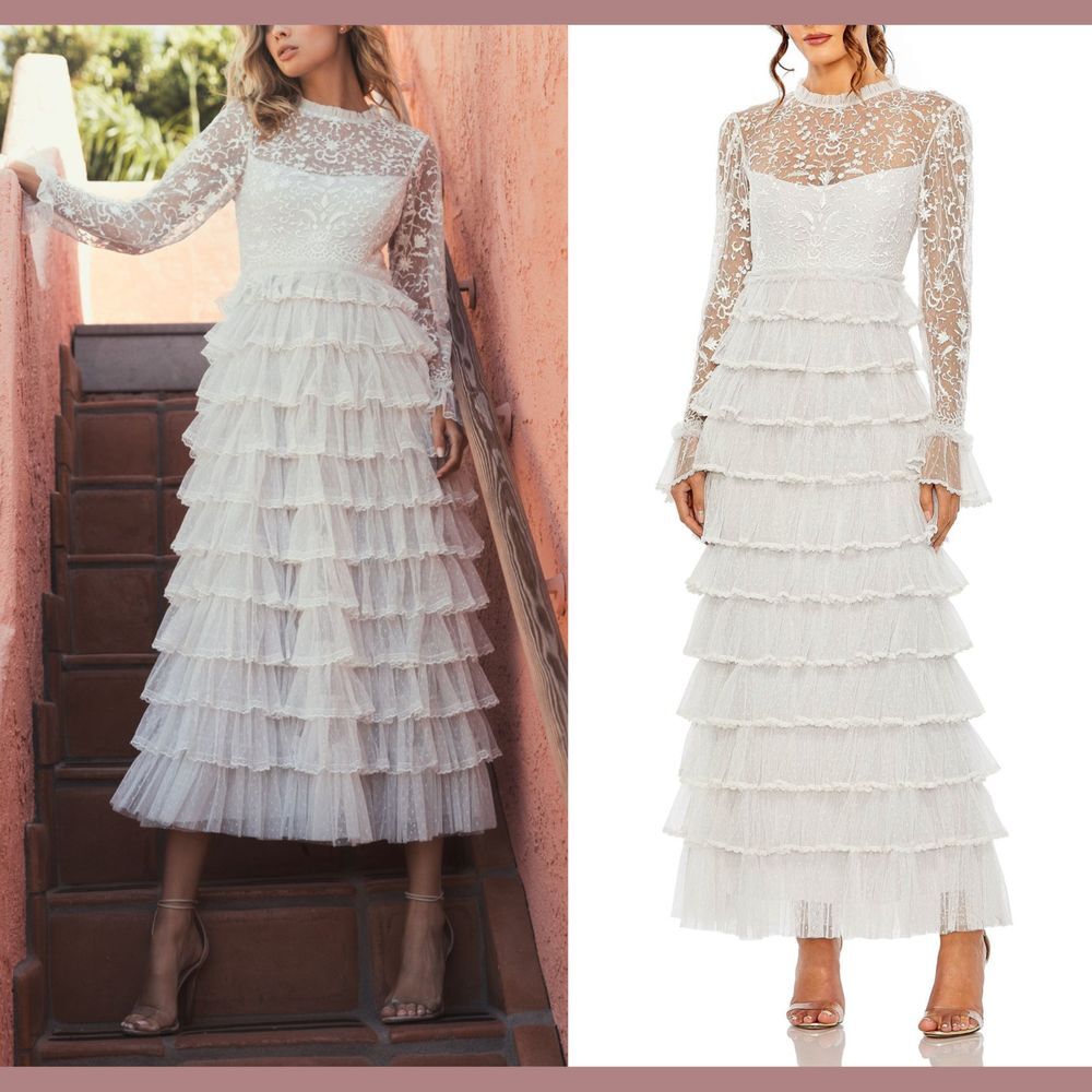 NEW Mac Duggal [ 4 ] 8003 Embroidered Long Sleeve Ruffled Tiered Dress Pearl Whi
